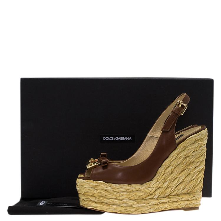 Pre Owned Dolce and Gabbana Brown Leather Bow Espadrille Slingback Platform Wedge Sandals Size 35