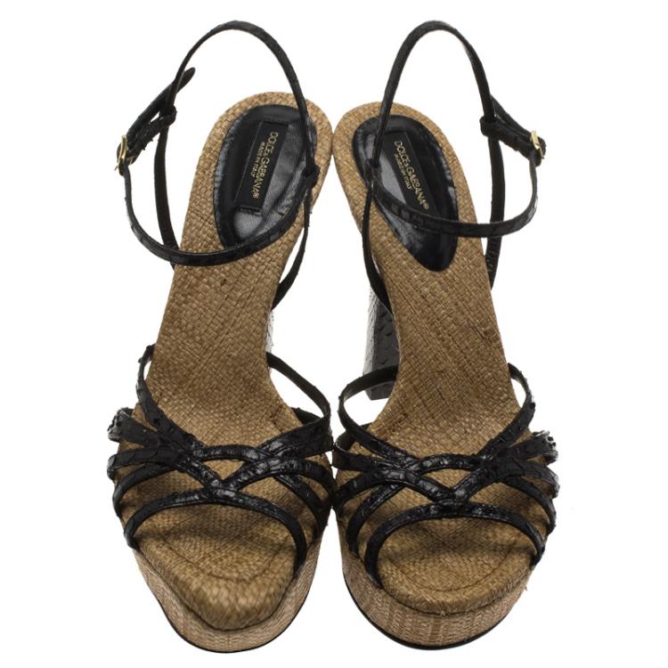 Pre Owned Dolce and Gabbana Black Patent Python and Raffia Sandals Size 36.5