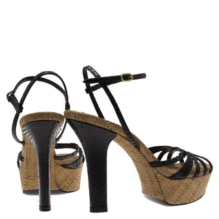 Pre Owned Dolce and Gabbana Black Patent Python and Raffia Sandals Size 36.5
