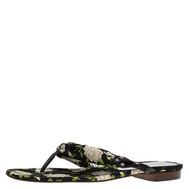 Pre Owned Dolce and Gabbana Black Floral Satin Thong Sandals Size 38.5