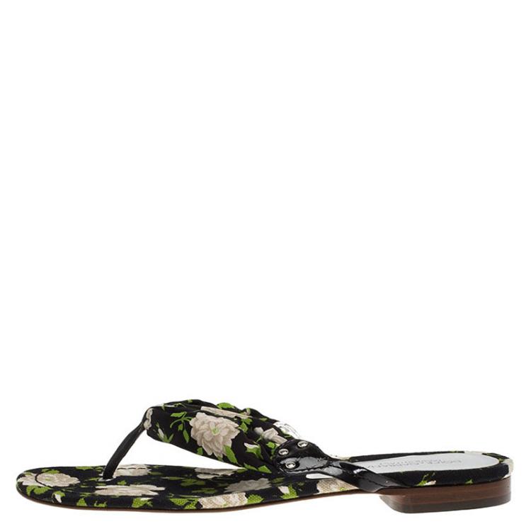 Pre Owned Dolce and Gabbana Black Floral Satin Thong Sandals Size 38.5