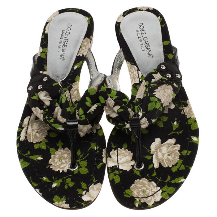 Pre Owned Dolce and Gabbana Black Floral Satin Thong Sandals Size 38.5