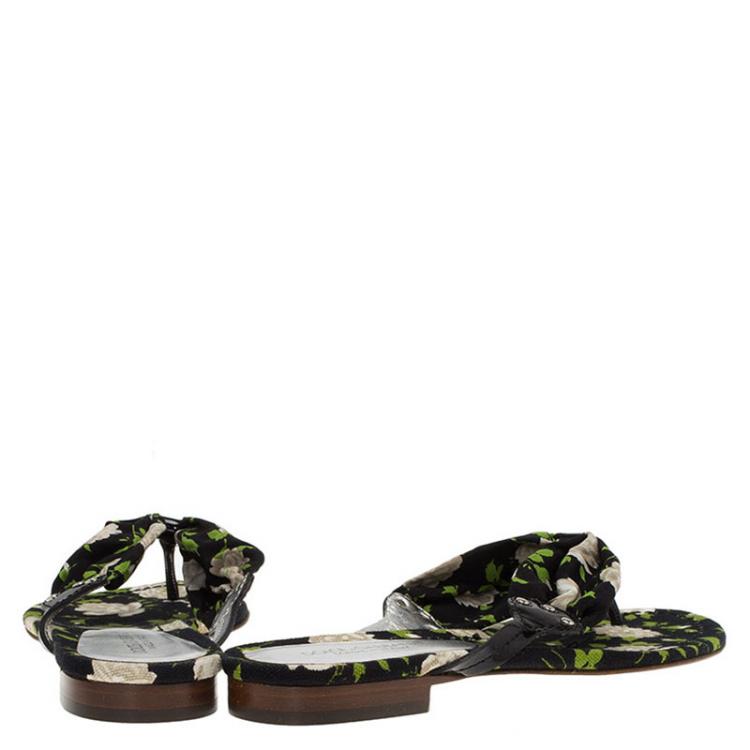 Pre Owned Dolce and Gabbana Black Floral Satin Thong Sandals Size 38.5