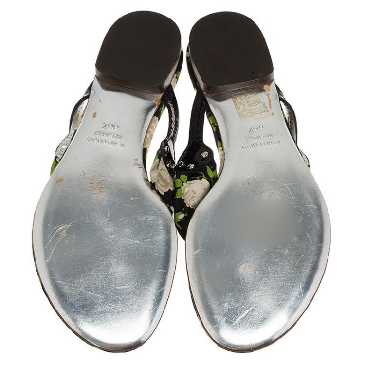 Pre Owned Dolce and Gabbana Black Floral Satin Thong Sandals Size 38.5