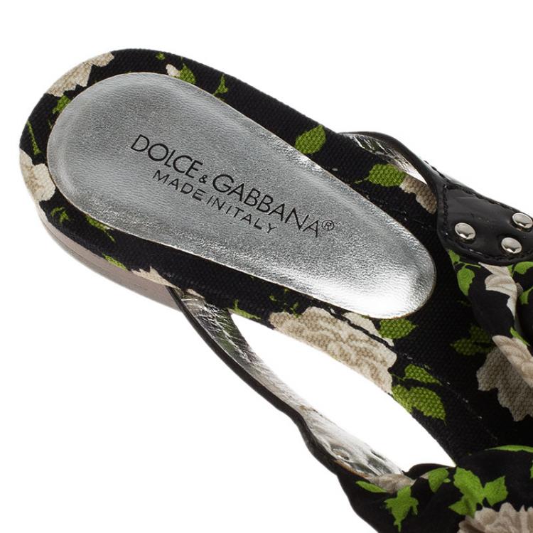 Pre Owned Dolce and Gabbana Black Floral Satin Thong Sandals Size 38.5
