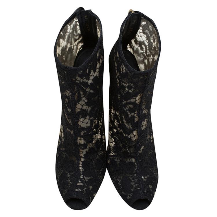 Pre Owned Dolce and Gabbana Black Lace Peep Toe Ankle Boots Size 36
