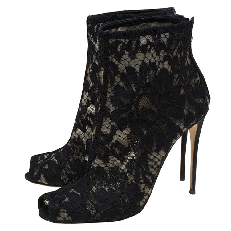 Pre Owned Dolce and Gabbana Black Lace Peep Toe Ankle Boots Size 36