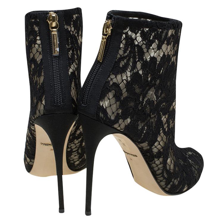 Pre Owned Dolce and Gabbana Black Lace Peep Toe Ankle Boots Size 36
