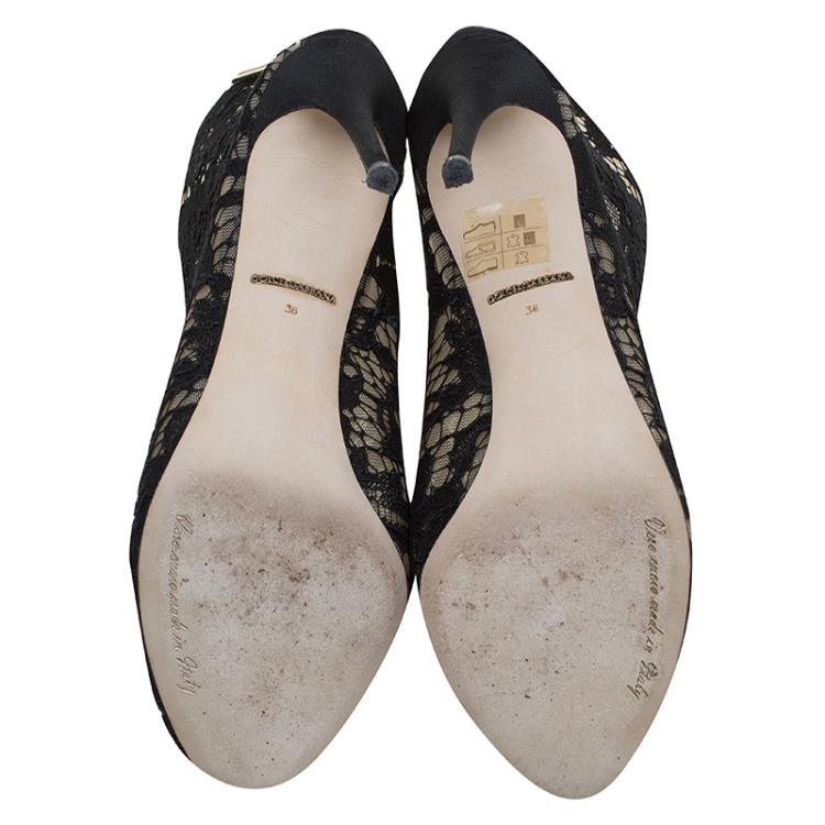 Pre Owned Dolce and Gabbana Black Lace Peep Toe Ankle Boots Size 36