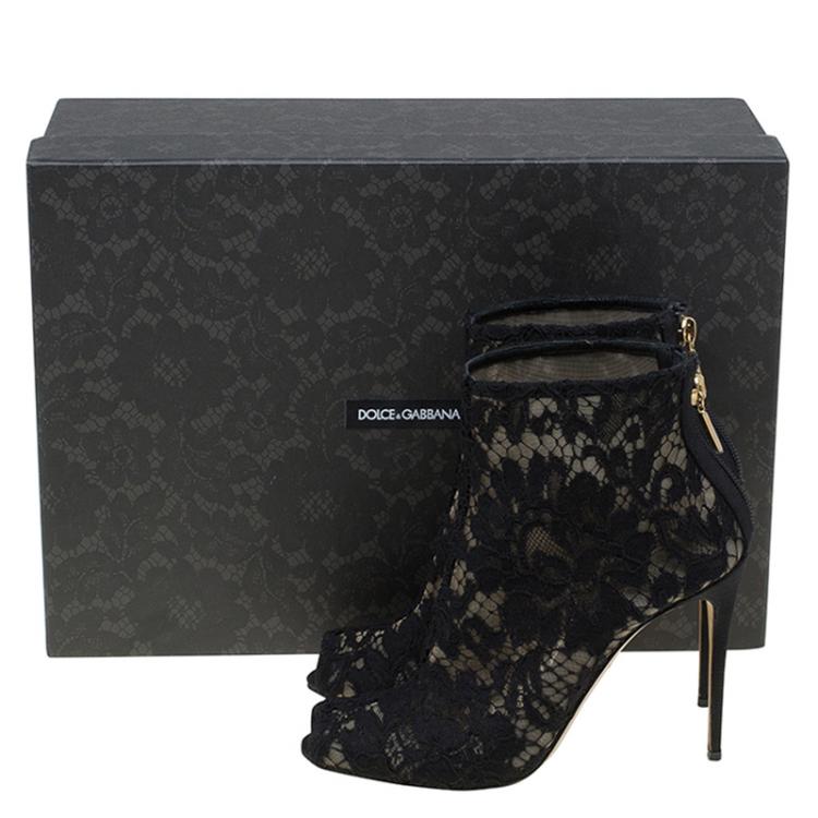 Pre Owned Dolce and Gabbana Black Lace Peep Toe Ankle Boots Size 36