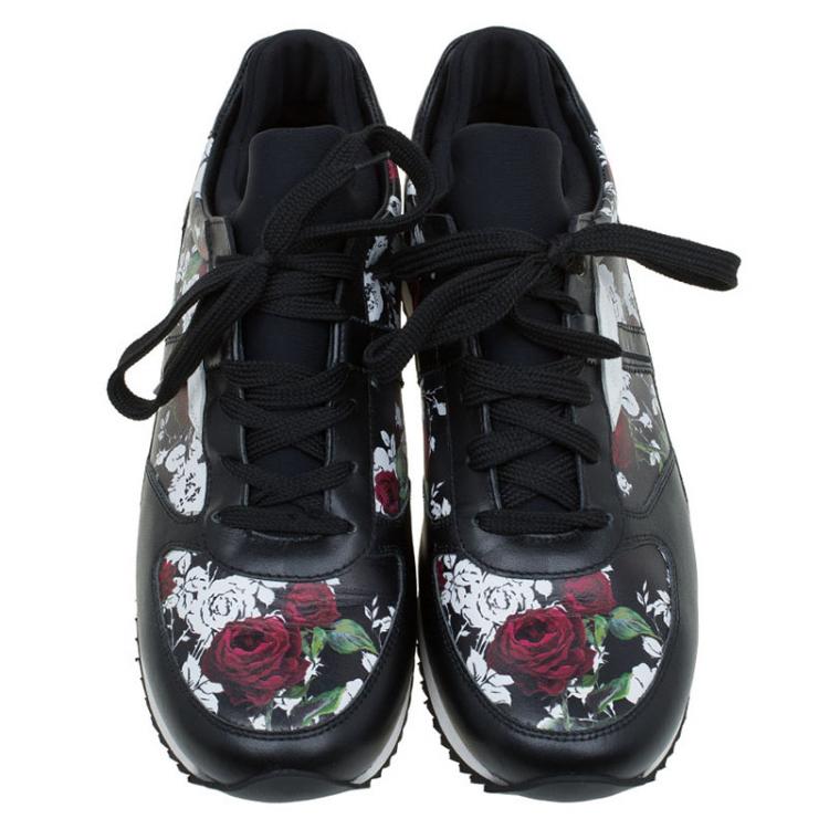 Pre Owned Dolce and Gabbana Black Rose Print Leather Sneakers Size 41