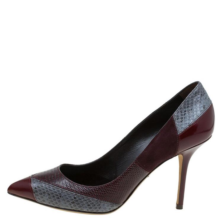 Pre Owned Dolce and Gabbana Two Tone Python, Lizard and Suede Pointed Toe Pumps Size 38