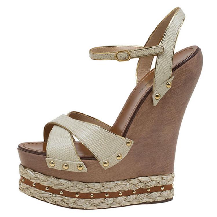 Pre Owned Dolce and Gabbana Beige and Brown Snake Embossed Leather Ankle Strap Wedge Sandals Size 39