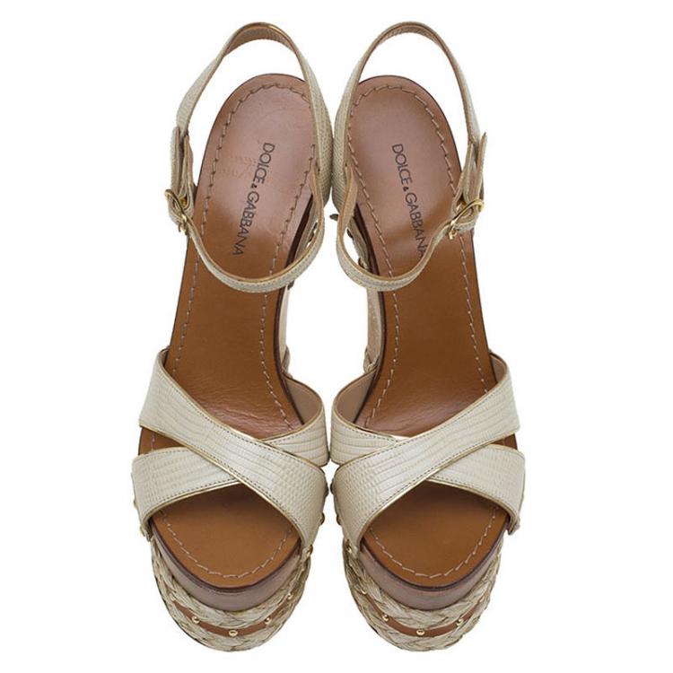 Pre Owned Dolce and Gabbana Beige and Brown Snake Embossed Leather Ankle Strap Wedge Sandals Size 39