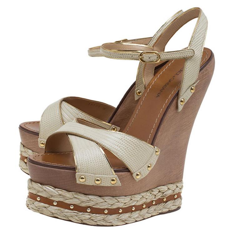 Pre Owned Dolce and Gabbana Beige and Brown Snake Embossed Leather Ankle Strap Wedge Sandals Size 39