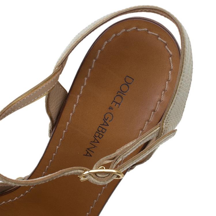 Pre Owned Dolce and Gabbana Beige and Brown Snake Embossed Leather Ankle Strap Wedge Sandals Size 39