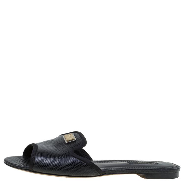 Pre Owned Dolce and Gabbana Black Leather Sofia Slides Size 38