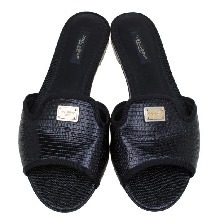 Pre Owned Dolce and Gabbana Black Leather Sofia Slides Size 38
