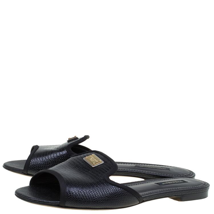 Pre Owned Dolce and Gabbana Black Leather Sofia Slides Size 38