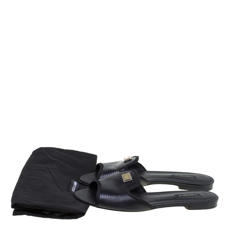 Pre Owned Dolce and Gabbana Black Leather Sofia Slides Size 38