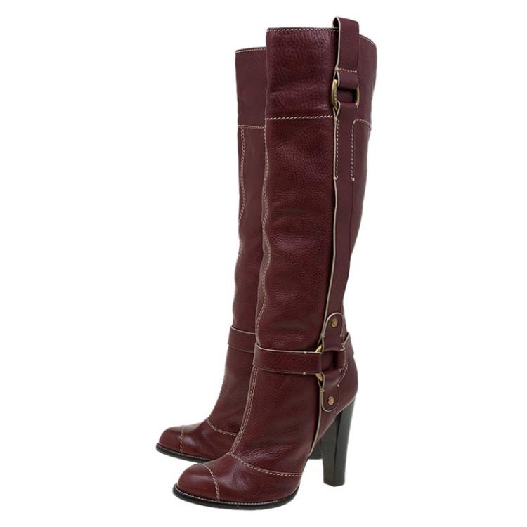 Pre Owned Dolce and Gabbana Burgundy Leather Riding Knee Boots Size 38.5