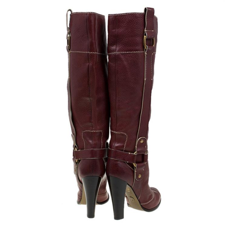 Pre Owned Dolce and Gabbana Burgundy Leather Riding Knee Boots Size 38.5