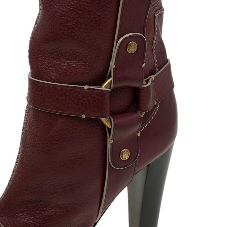 Pre Owned Dolce and Gabbana Burgundy Leather Riding Knee Boots Size 38.5