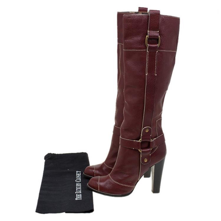 Pre Owned Dolce and Gabbana Burgundy Leather Riding Knee Boots Size 38.5
