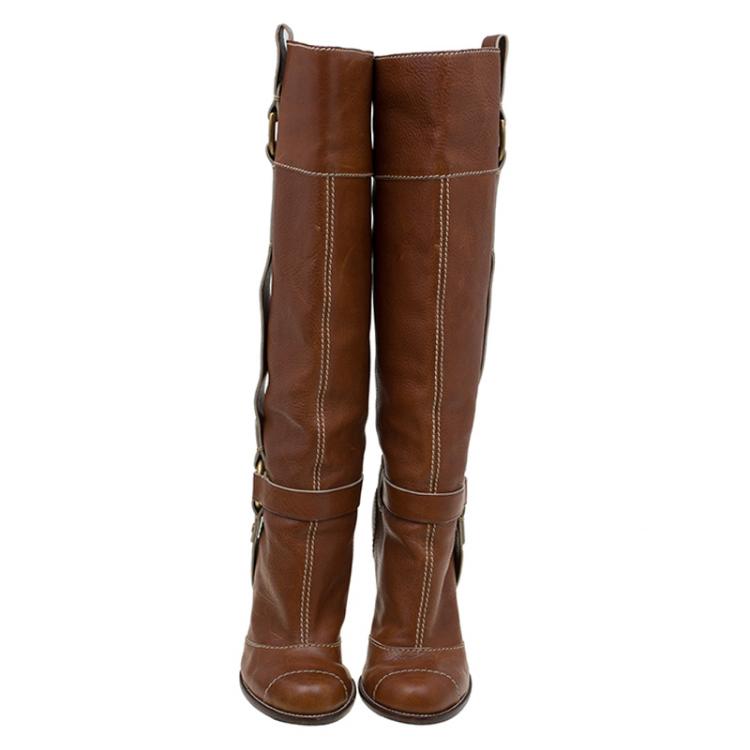 Pre Owned Dolce and Gabbana Brown Leather Riding Knee Boots Size 38.5