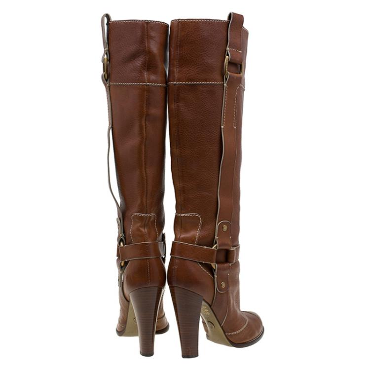 Pre Owned Dolce and Gabbana Brown Leather Riding Knee Boots Size 38.5