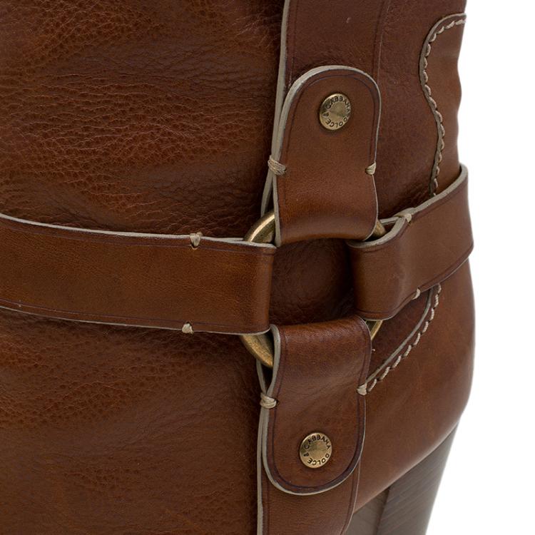 Pre Owned Dolce and Gabbana Brown Leather Riding Knee Boots Size 38.5