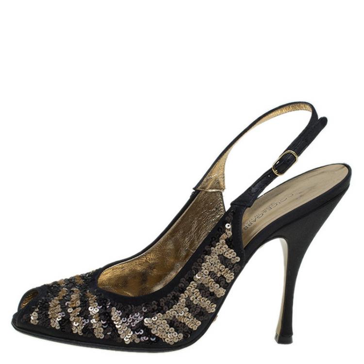 Pre Owned Dolce and Gabbana Black Satin Sequins Embellished Slingback Sandals Size 37.5