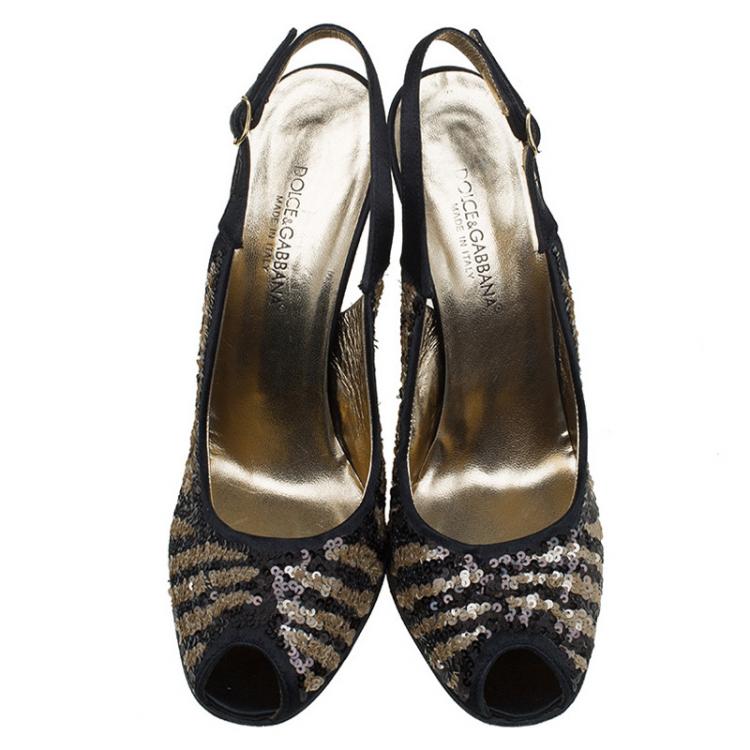 Pre Owned Dolce and Gabbana Black Satin Sequins Embellished Slingback Sandals Size 37.5