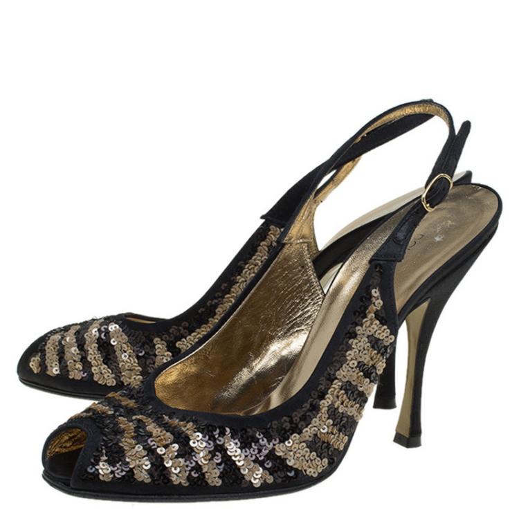 Pre Owned Dolce and Gabbana Black Satin Sequins Embellished Slingback Sandals Size 37.5