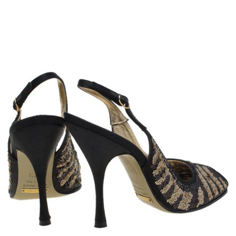 Pre Owned Dolce and Gabbana Black Satin Sequins Embellished Slingback Sandals Size 37.5