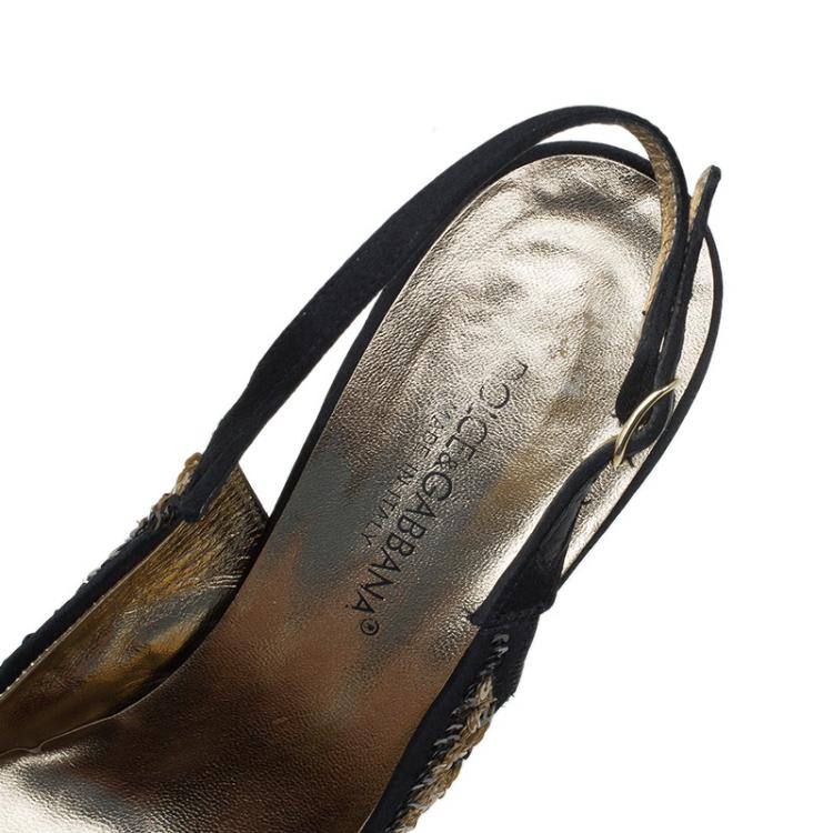 Pre Owned Dolce and Gabbana Black Satin Sequins Embellished Slingback Sandals Size 37.5