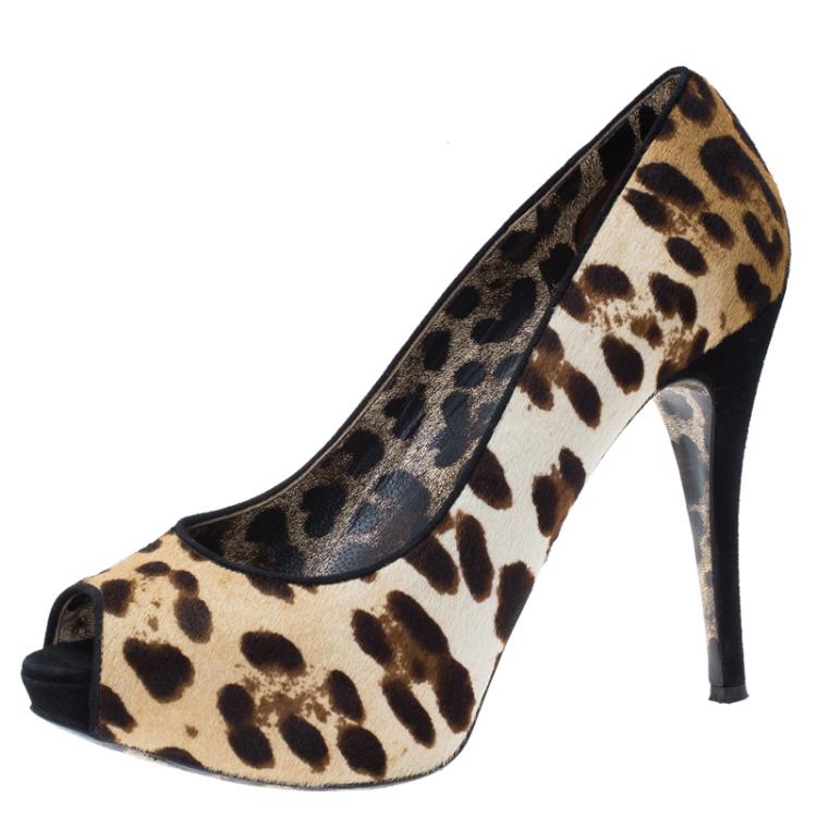 Pre Owned Dolce and Gabbana Leopard Print Pony Hair Peep Toe Pumps Size 38
