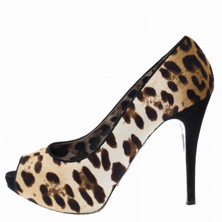 Pre Owned Dolce and Gabbana Leopard Print Pony Hair Peep Toe Pumps Size 38
