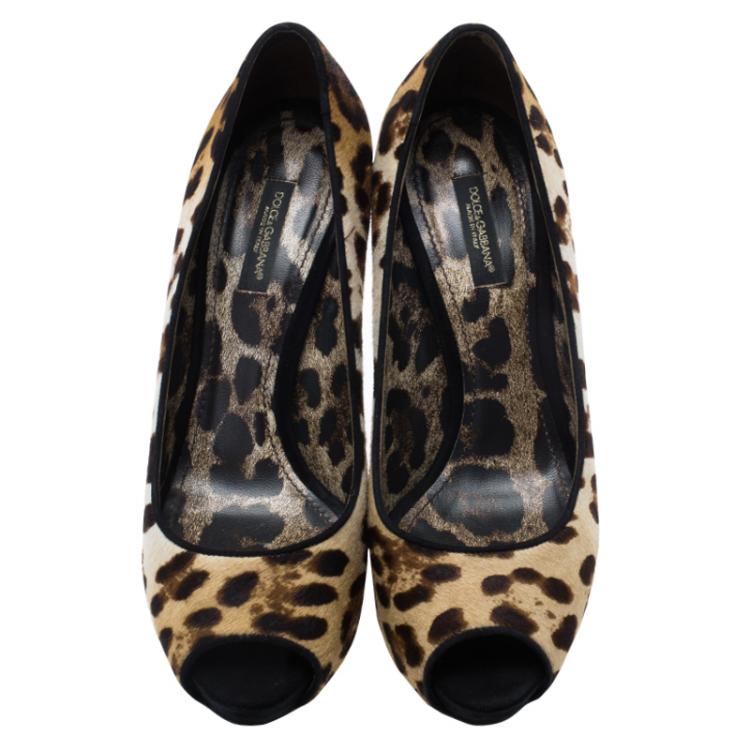 Pre Owned Dolce and Gabbana Leopard Print Pony Hair Peep Toe Pumps Size 38