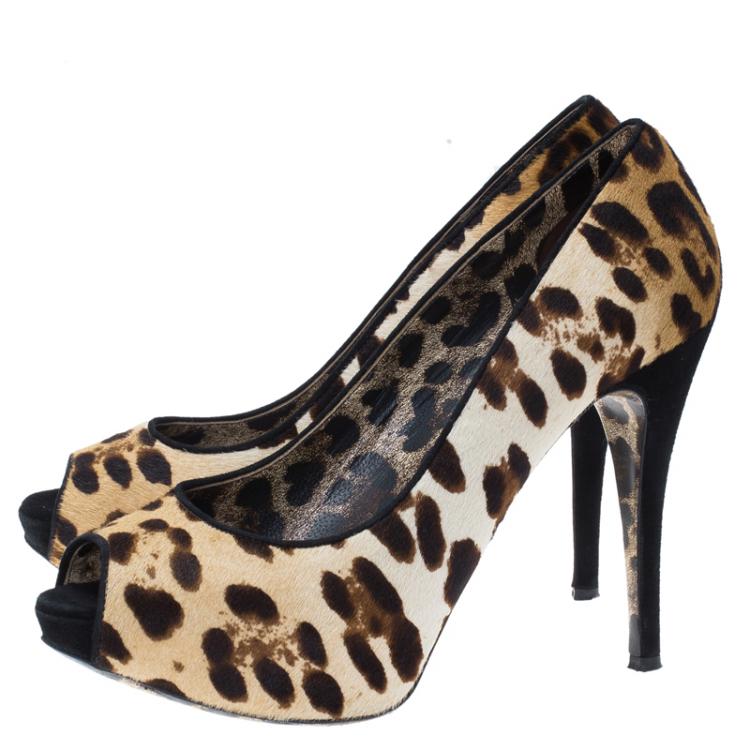 Pre Owned Dolce and Gabbana Leopard Print Pony Hair Peep Toe Pumps Size 38