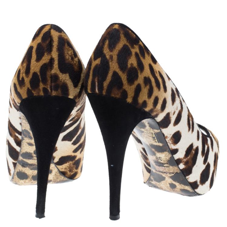 Pre Owned Dolce and Gabbana Leopard Print Pony Hair Peep Toe Pumps Size 38