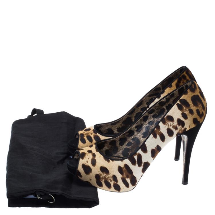 Pre Owned Dolce and Gabbana Leopard Print Pony Hair Peep Toe Pumps Size 38