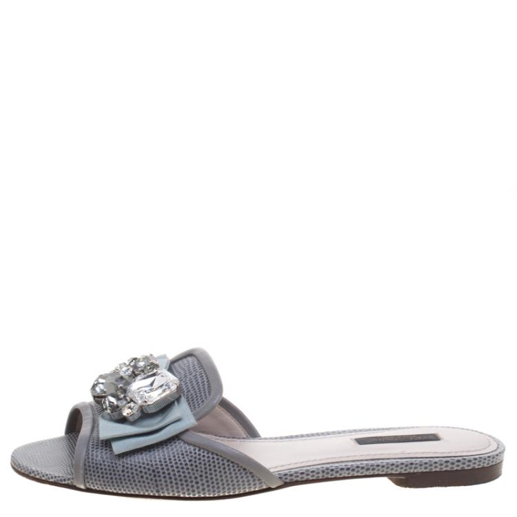 Pre Owned Dolce and Gabbana Grey Leather Sofia Embellished Slides Size 37.5