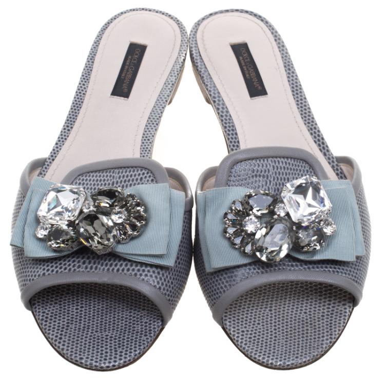 Pre Owned Dolce and Gabbana Grey Leather Sofia Embellished Slides Size 37.5
