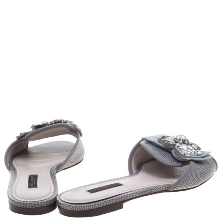 Pre Owned Dolce and Gabbana Grey Leather Sofia Embellished Slides Size 37.5