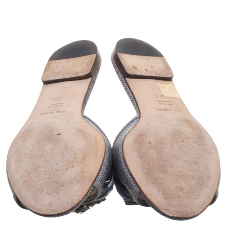 Pre Owned Dolce and Gabbana Grey Leather Sofia Embellished Slides Size 37.5