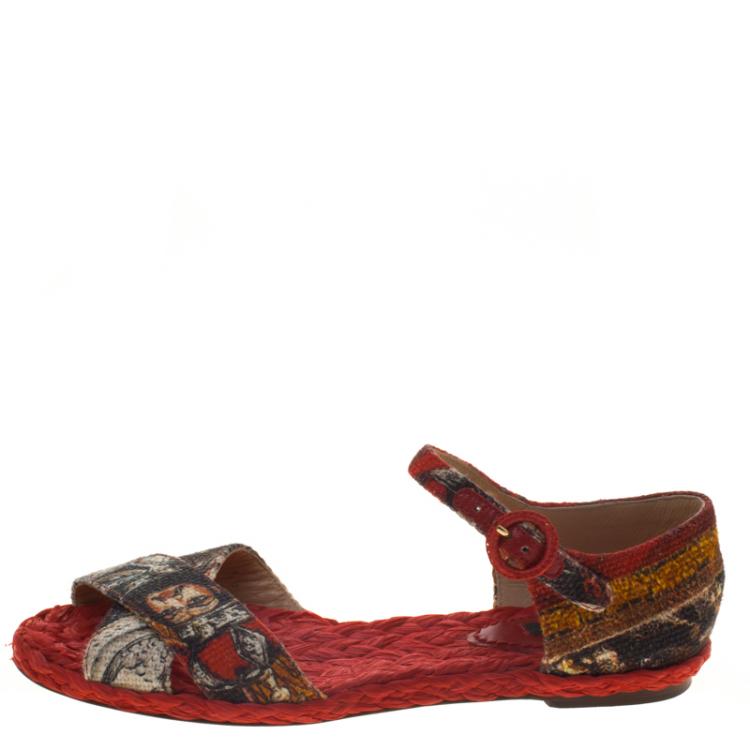 Pre Owned Dolce and Gabbana Red Printed Canvas And Raffia Cross Strap Flat Sandals Size 36
