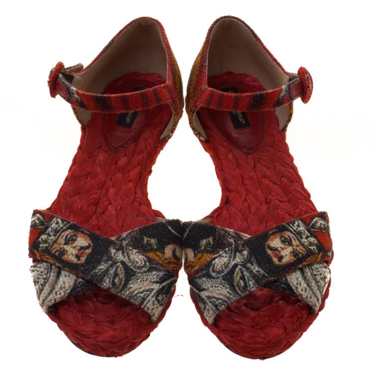 Pre Owned Dolce and Gabbana Red Printed Canvas And Raffia Cross Strap Flat Sandals Size 36