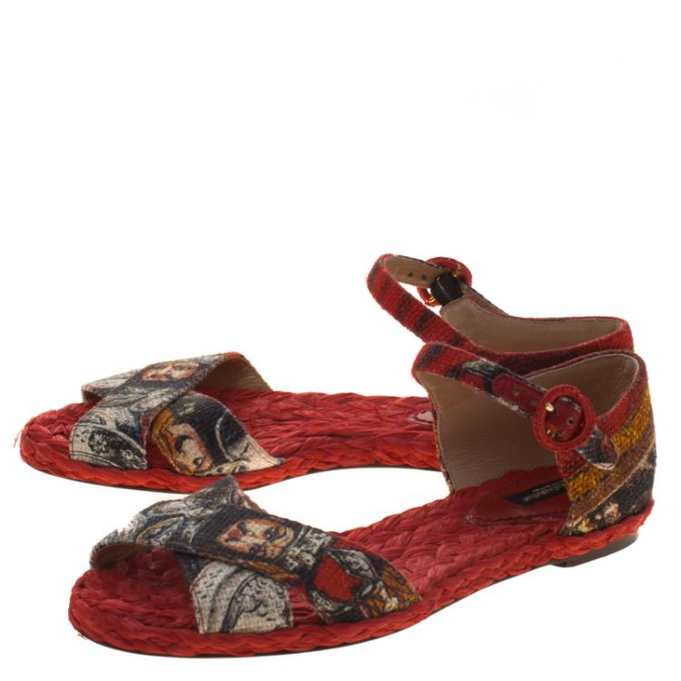 Pre Owned Dolce and Gabbana Red Printed Canvas And Raffia Cross Strap Flat Sandals Size 36