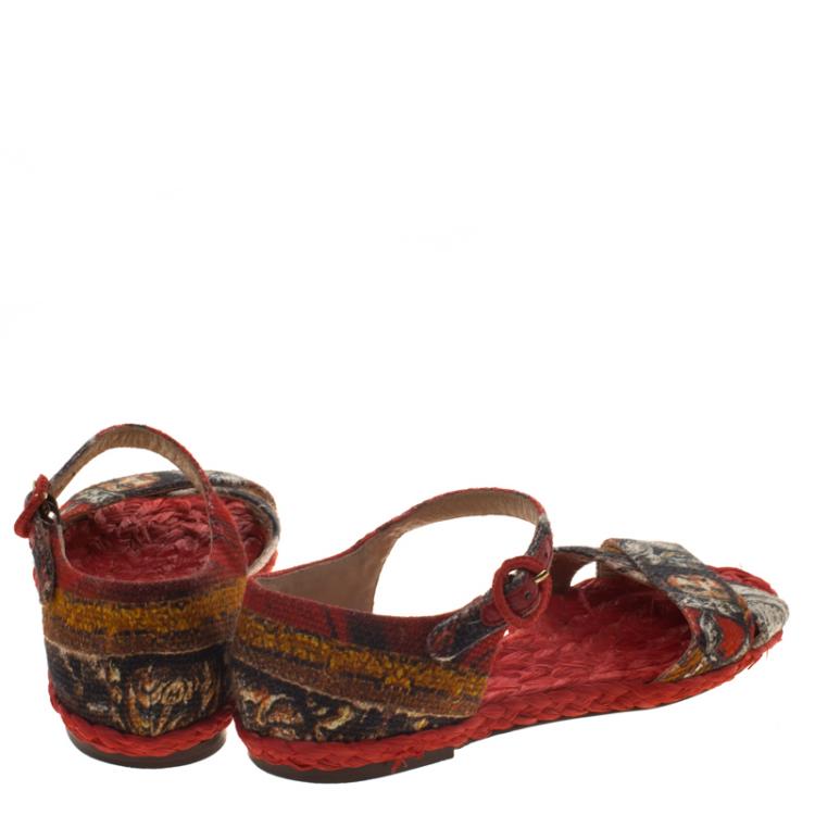 Pre Owned Dolce and Gabbana Red Printed Canvas And Raffia Cross Strap Flat Sandals Size 36